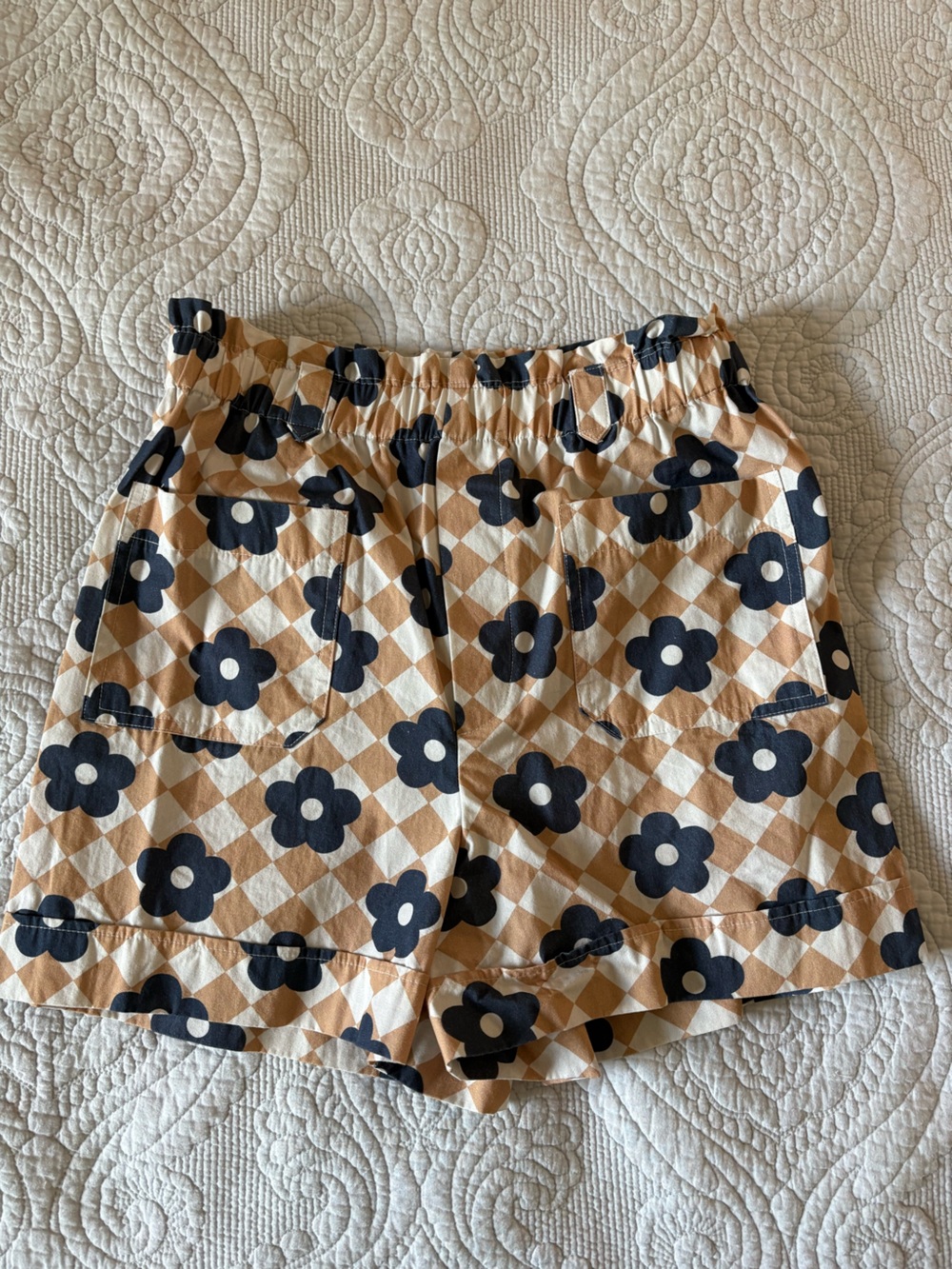 Maeve Beige & Navy Floral Gingham High-Waist Shorts